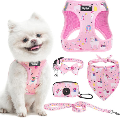 Adjustable Pet Harness Collar &Leash Set Step in for Small Dogs Puppy &Cats Outdoor Training &Running, Soft Mesh Padded Reflective Vest Harness,M: Chest Girth: 16-18In Collar: 11.8-15.7In