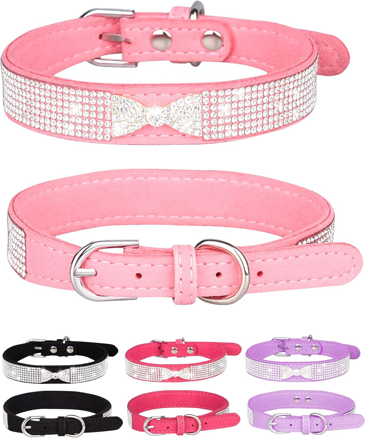 Dog Collar for Small Dogs, Adjustable Leather Suede Bling Dog Collars，Pink Dog Collar Cat Collar, Rhinestone Dog Collar(S, Pink)