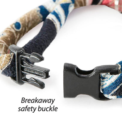 Chirimen Cat Collar with Clover Bell (Navy) with Bell Safety Breakaway Soft Lightweight for Cats Kitty Kitten Japanese Stylish Pattern, No.1 Seller in Japan