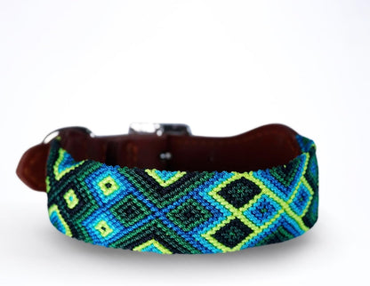 Premium Leather Dog Collar - Adjustable Handcrafted Collar for Small to Large Dogs (Blue/Green, L)