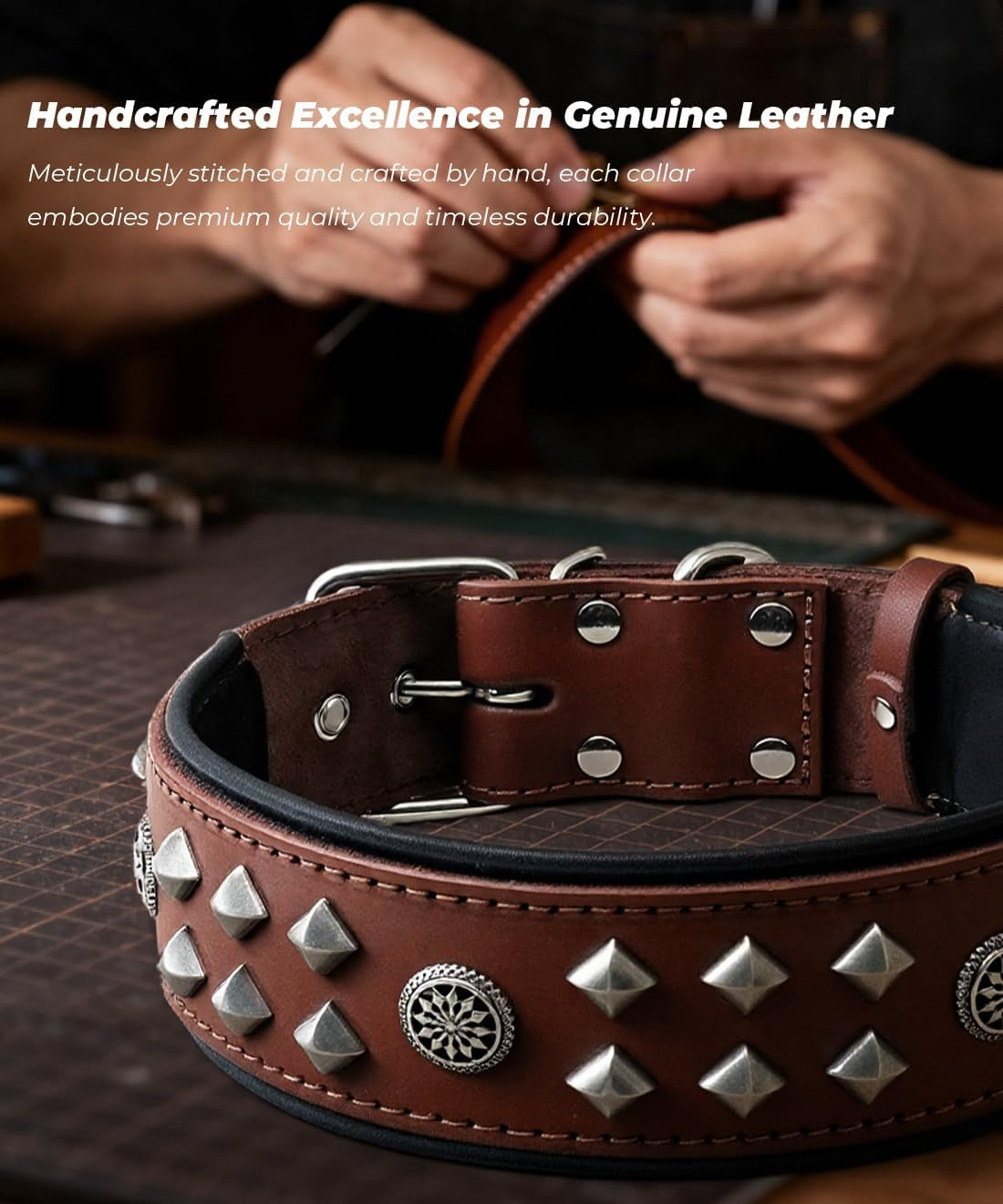 Eliteguard Genuine Leather Dog Collar, 2.2-Inch Handmade Studded with Stainless Steel Buckle, Daily Wear for Large Dogs, Brown 14-18.5 In