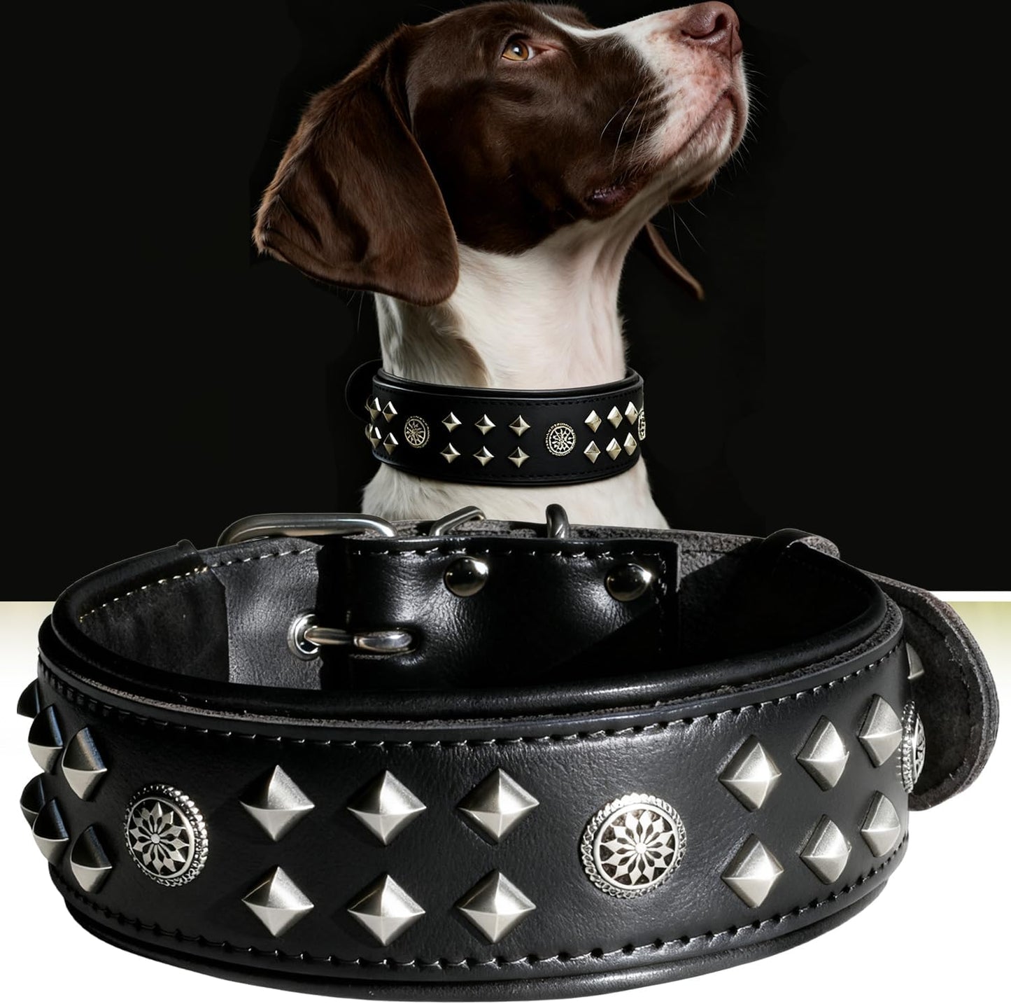 Eliteguard Genuine Leather Dog Collar, 2.2-Inch Handmade Studded with Stainless Steel Buckle, Daily Wear for Large Dogs, Brown 14-18.5 In