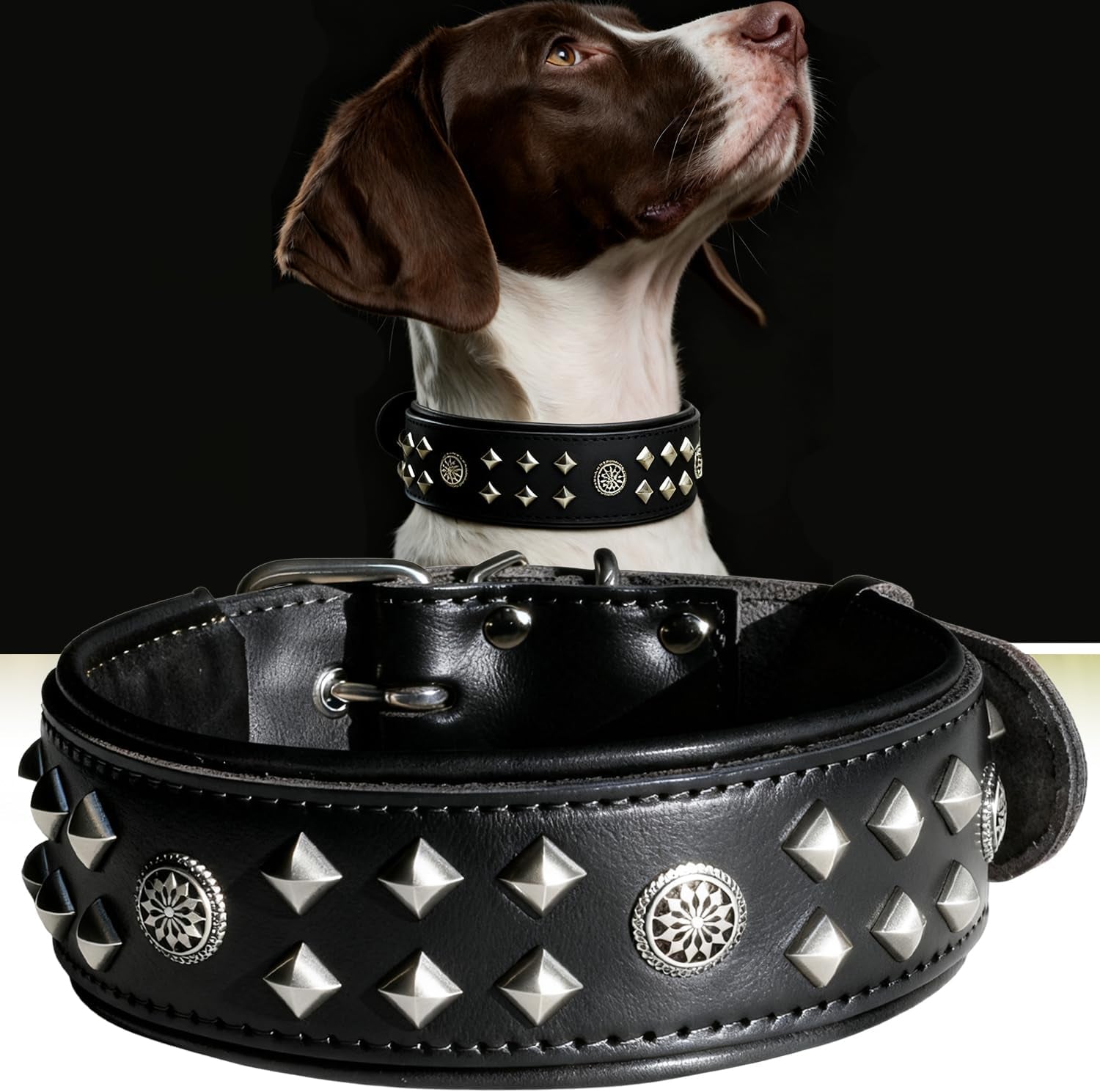Eliteguard Genuine Leather Dog Collar, 2.2-Inch Handmade Studded with Stainless Steel Buckle, Daily Wear for Large Dogs, Brown 14-18.5 In
