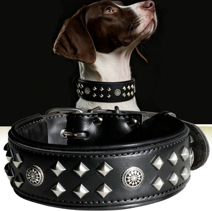 Eliteguard Genuine Leather Dog Collar, 2.2-Inch Handmade Studded with Stainless Steel Buckle, Daily Wear for Large Dogs, Brown 14-18.5 In