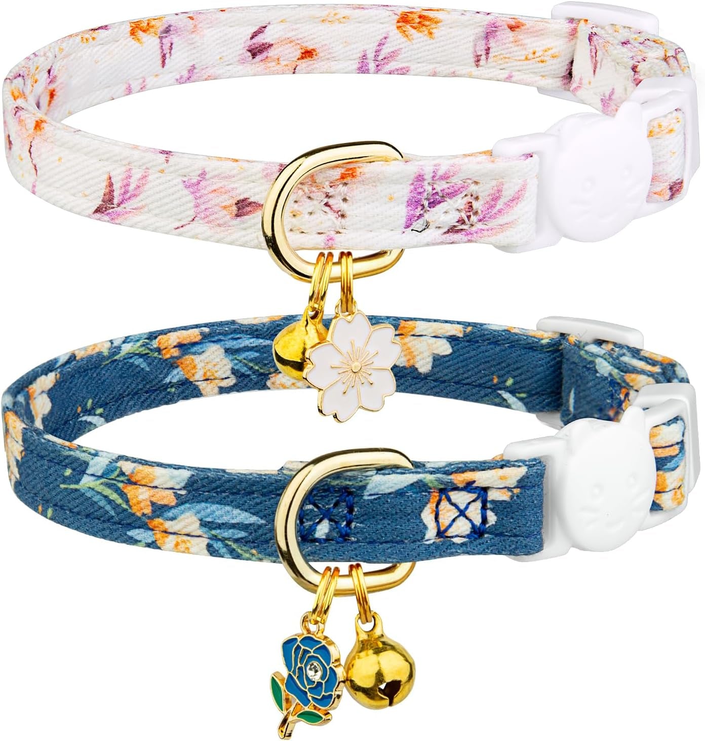 2 Pack Cotton Breakaway Cat Collar Pink Strawberries and White Heart Shaped Pendant Cute Kitten Cat Collar with Bell