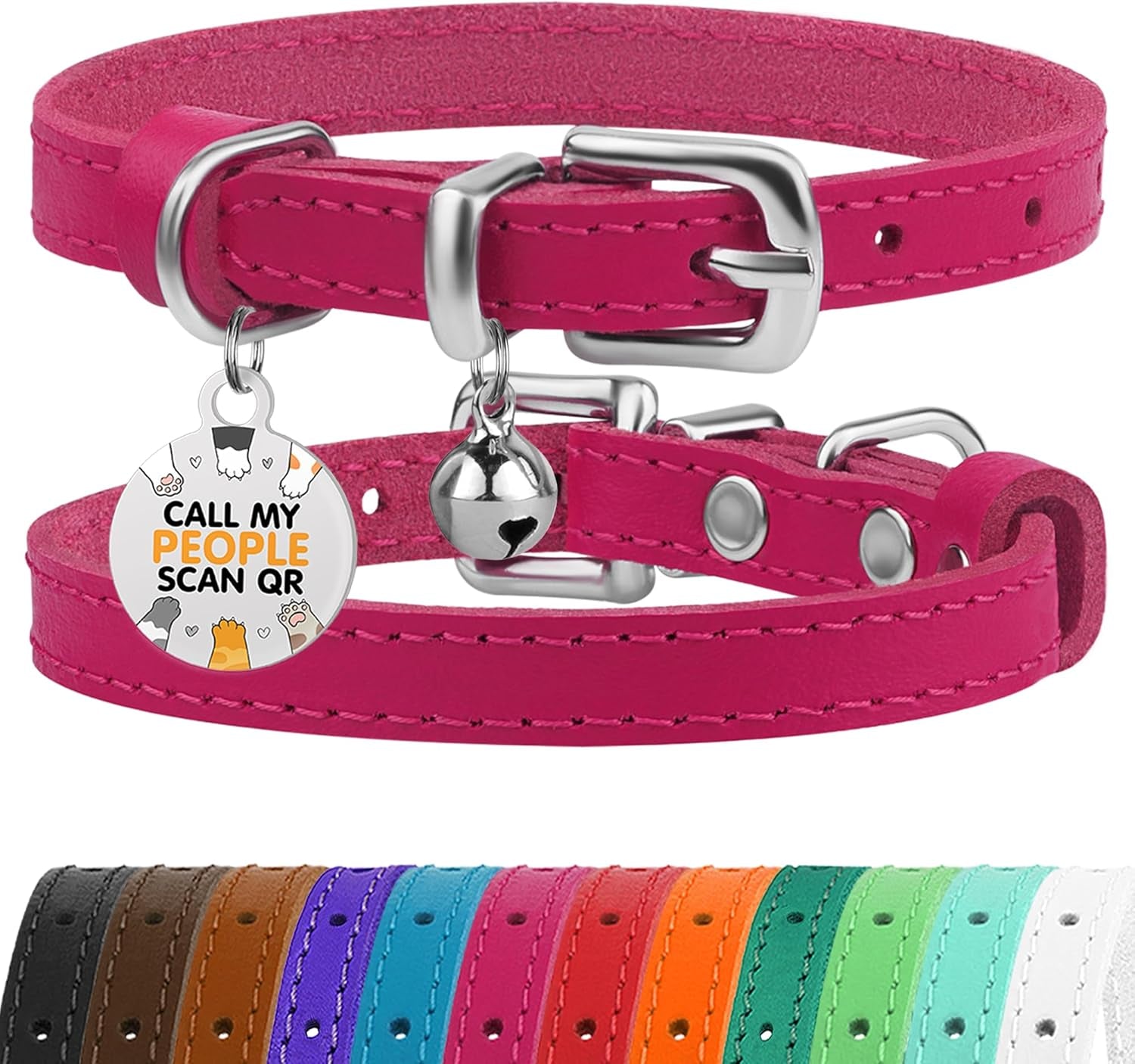 Leather Cat Collar with Removable Bells Non Breakaway Kitten QR Tag for Girl Boy (7" - 9" for Cats, Purple & Gold)