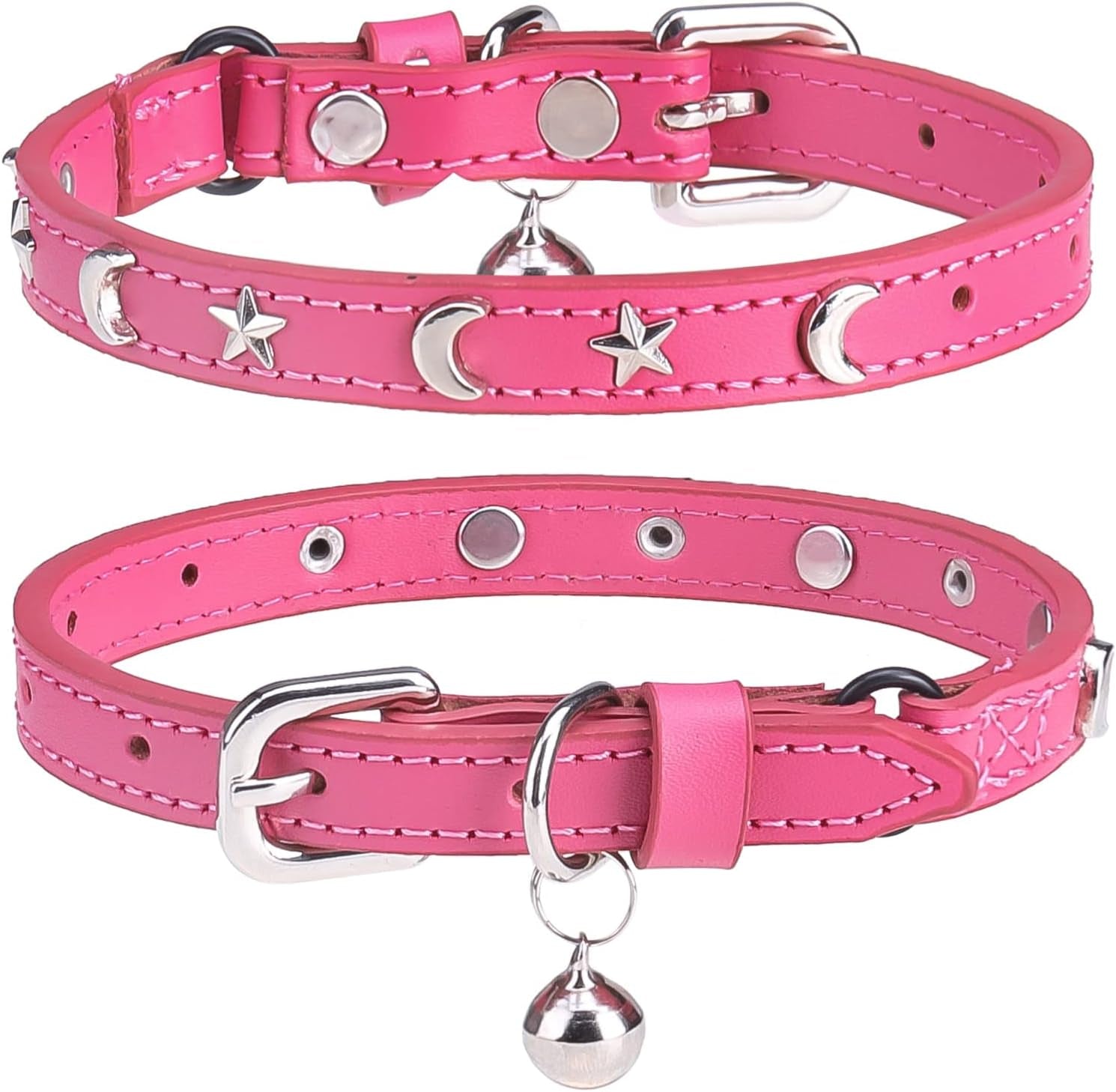 Leather Cat Collars for Boy Girl Cats with Bell and Safety Elastic Belt, Personalized Star and Moon Stud Adjustable Safe Buckle Collar for Kitty Small Big Cats Size 7-9 Inch, Black