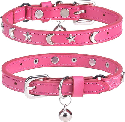 Leather Cat Collars for Boy Girl Cats with Bell and Safety Elastic Belt, Personalized Star and Moon Stud Adjustable Safe Buckle Collar for Kitty Small Big Cats Size 7-9 Inch, Black