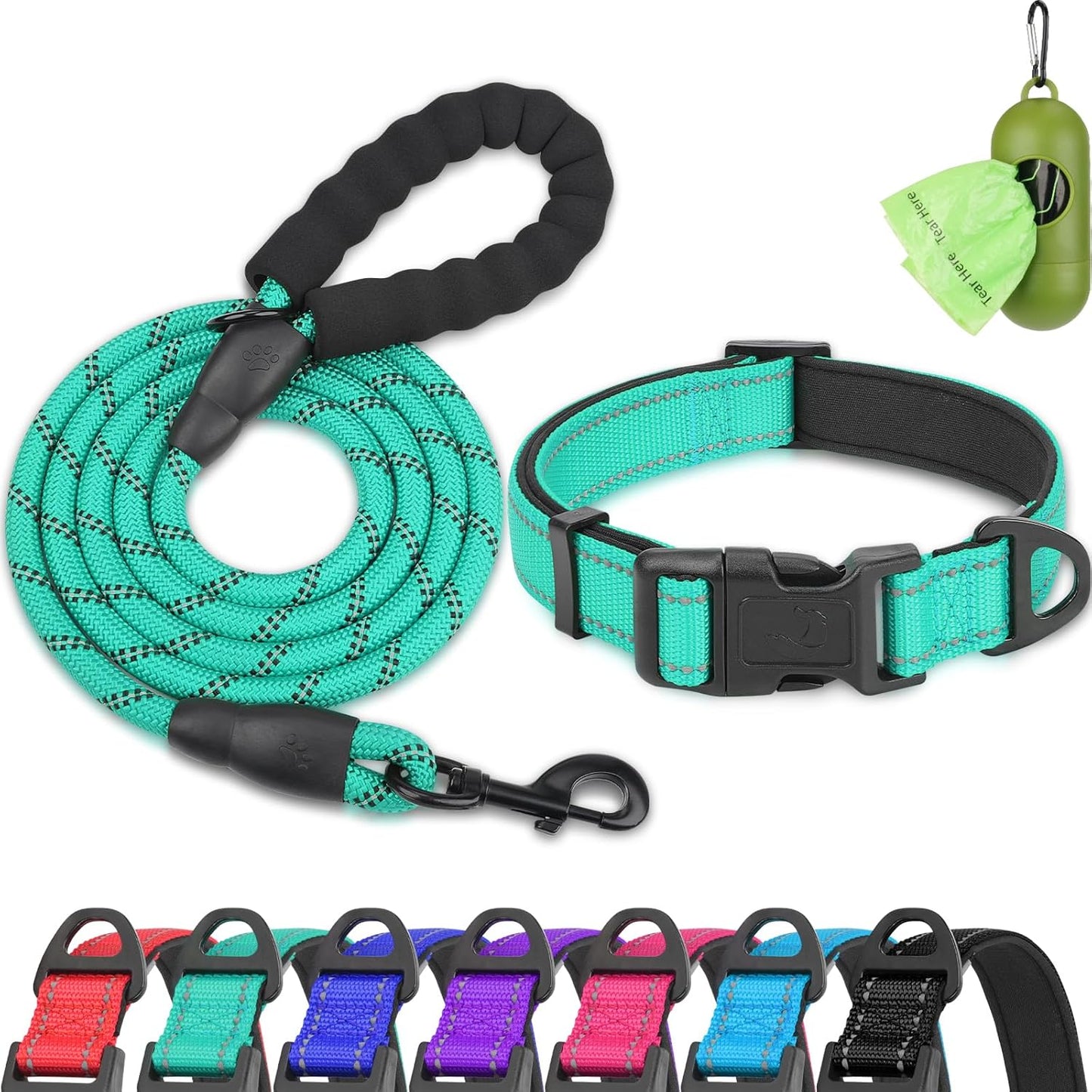 Reflective Dog Collar and Leash Set, 6FT Strong Climbing Rope Leash with Padded Handle, Adjustable Pet Collar with Soft Neoprene Padding for Large Dogs, Teal, L