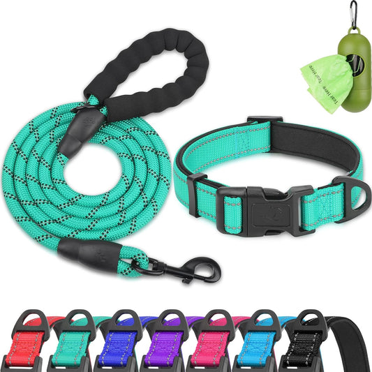 Reflective Dog Collar and Leash Set, 6FT Strong Climbing Rope Leash with Padded Handle, Adjustable Pet Collar with Soft Neoprene Padding for Large Dogs, Teal, L