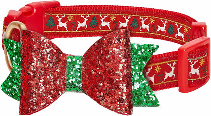Polka Dots Christmas Dog Collar, Large, Adjustable 18"-26" Neck, Holiday Dog Collar with Bow for Large Dogs