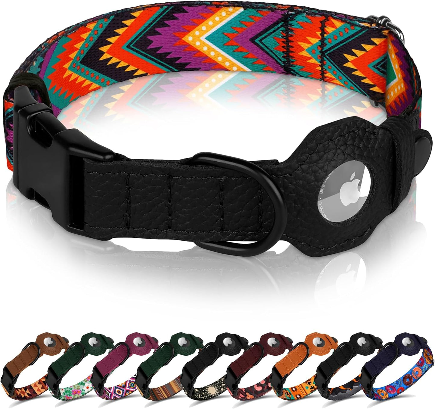 Airtag Dog Collar with Metal Buckle - Printed Nylon Soft Leather Dog Collar with Apple Airtag Holder - Secure Tracking GPS Pet Collars for Girl Boy Small Large Dogs (L, 17"-21" Neck Fit, Striped)