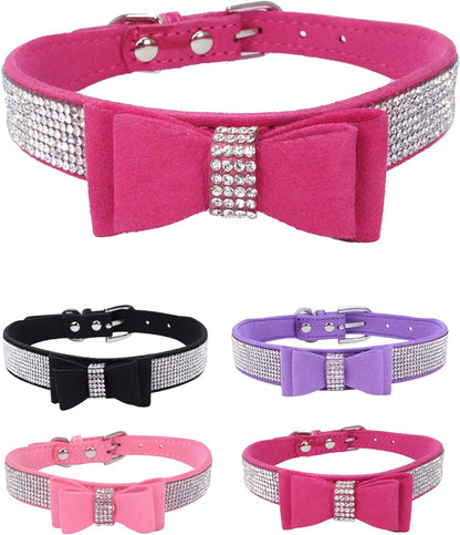 Dog Collar for Small Dogs, Adjustable Leather Suede Bling Dog Collars，Pink Dog Collar Cat Collar, Rhinestone Dog Collar(S, Pink)
