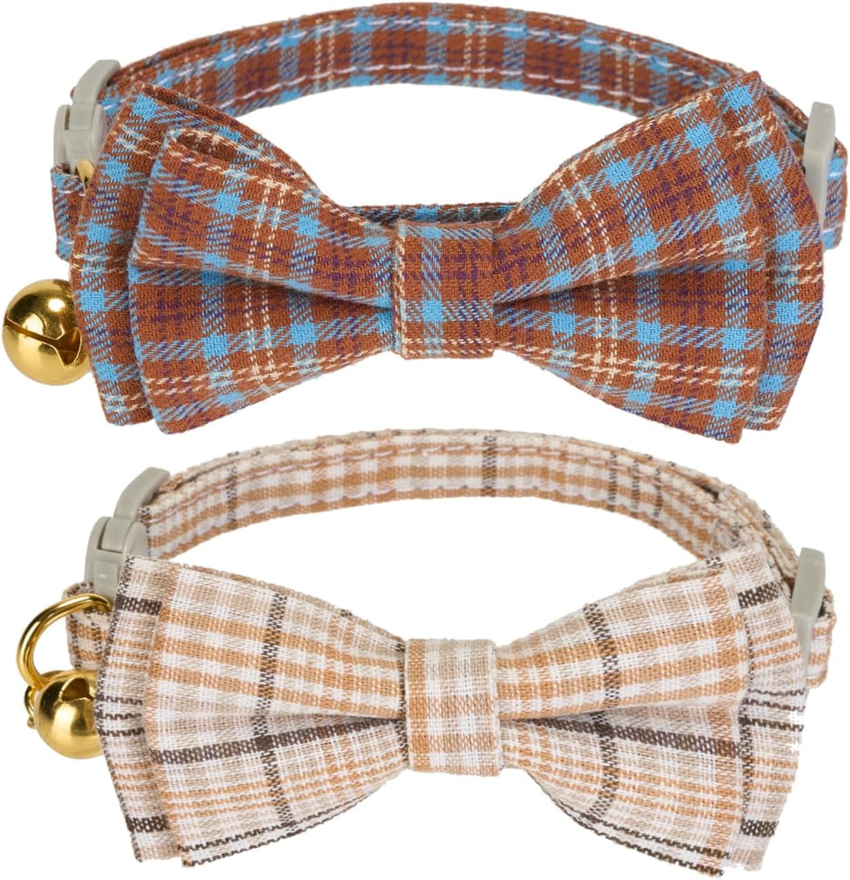 2 Pack Soft Corduroy Cat Collars with Bow Tie & Bell, Adjustable Breakaway Cotton Kitty Bowtie Collar for Girl Boy Kitten (Orange & Green)