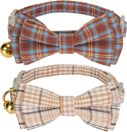 2 Pack Soft Corduroy Cat Collars with Bow Tie & Bell, Adjustable Breakaway Cotton Kitty Bowtie Collar for Girl Boy Kitten (Orange & Green)