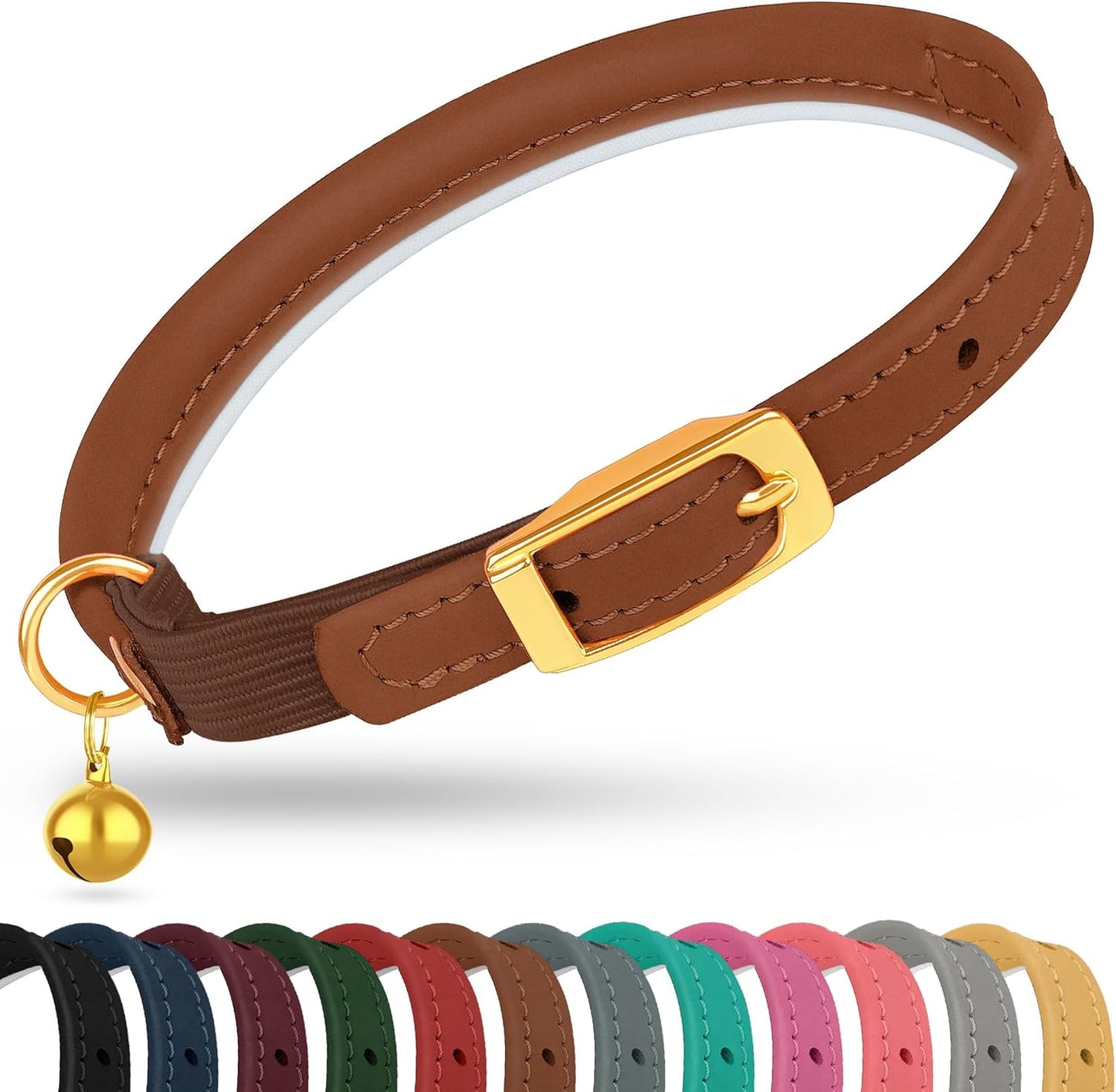 Rolled Leather Cat Collar with Bell - Reflective Kitten Collar with Safety Elastic Strap - Adjustable Small Pet Collars for Boy Girl Cats (Fuchsia)