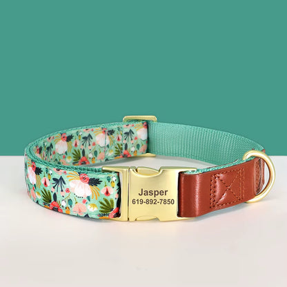 Custom Engraved Dog Collar Adjustable Pet Buckle Collars Anti-Lost Flower Printed for Small Medium Large Dogs French Bulldog
