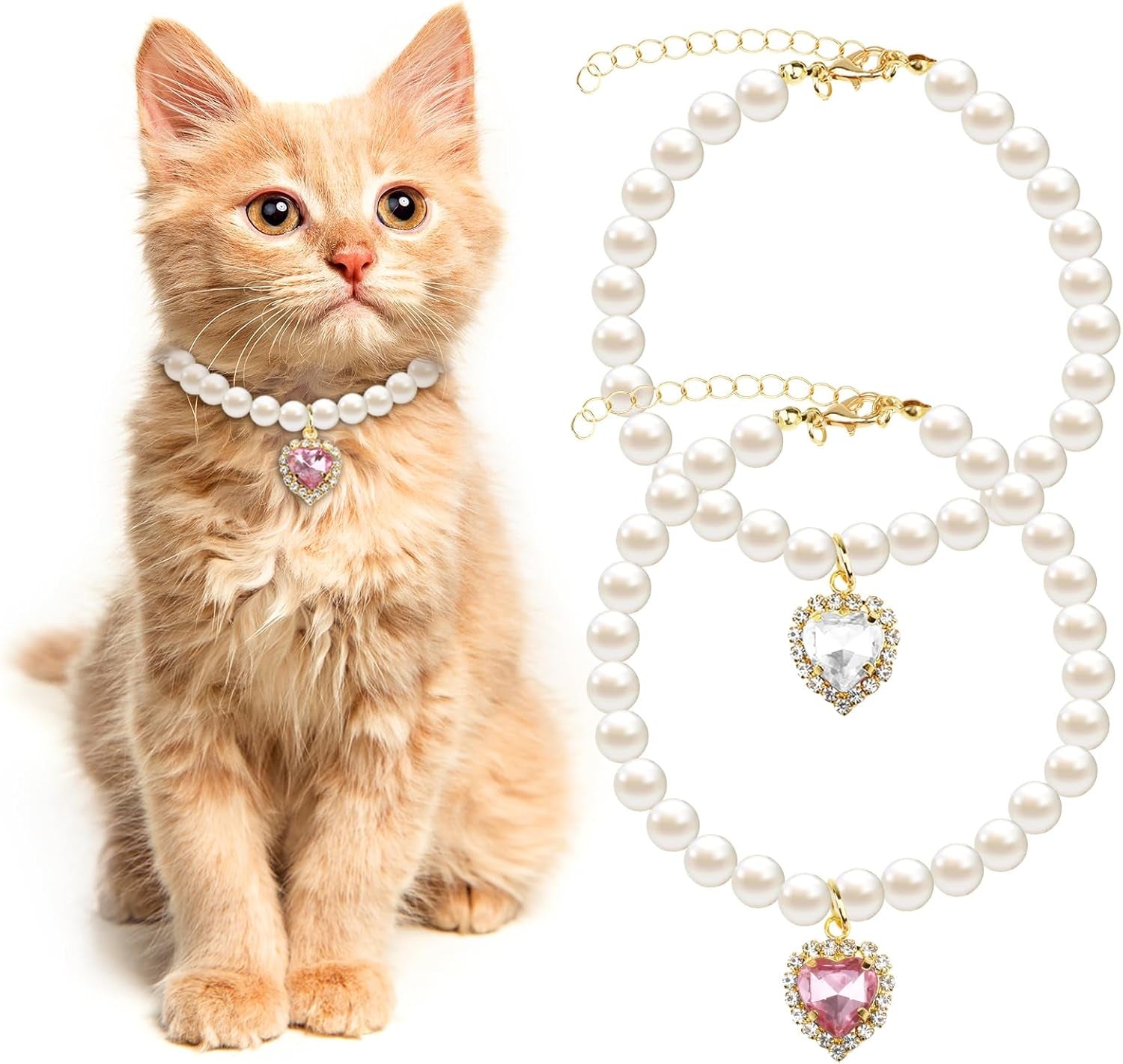 2Pcs Cute Girl Cat Collar, Fancy Dog Pearl Necklace Collars Adjustable Pearl Dog Cats Collars with Small Heart Shape Rhinestone for Small Dogs and Cats, Pink Heart + White Heart