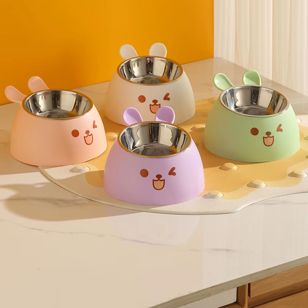 Cute Rabbit Ear Elevated Cat Bowl - Stainless Steel Dog & Cat Food/Water Bowl, Anti-Slip Pet Feeding Dish,