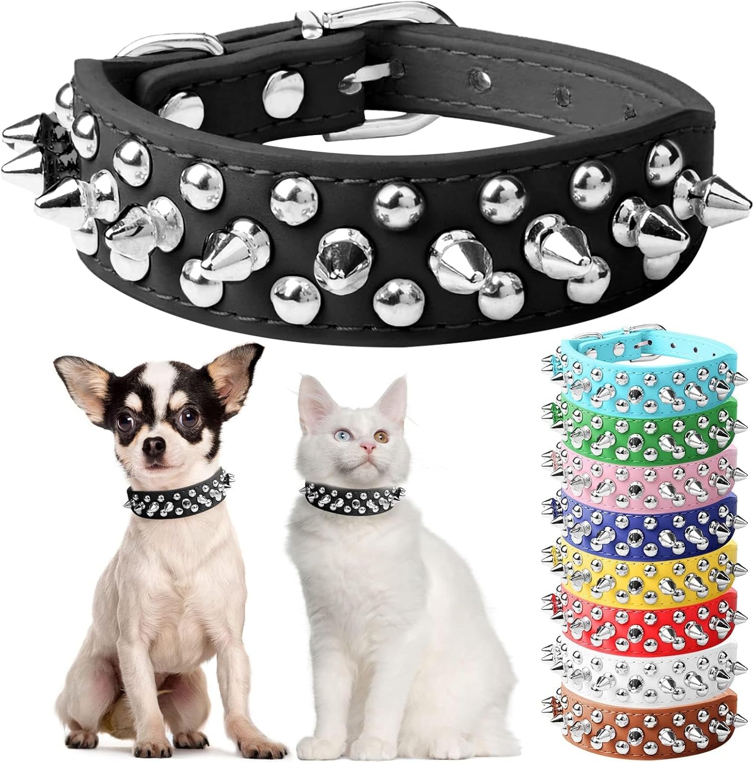 Small Pink Spiked Dog Cat Collar for Small Medium Dogs Girl Female - Adjustable Studded Puppy Collars - Soft Padded Punk Leather Dog Collar for Chihuahua French Bulldog Pug (Pink,L)