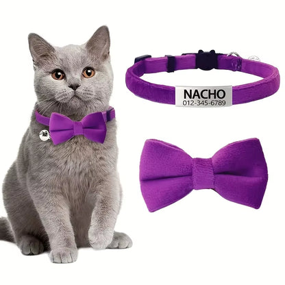Customizable Polyester Cat Bow Tie Collar Soft Adjustable Engraved ID Name Tag Detachable Bow Bell