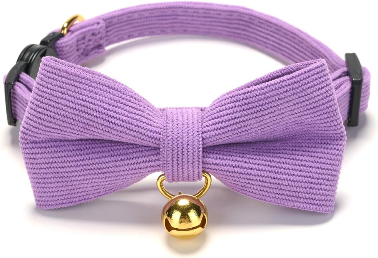 Cotton Breakaway Cat Collar with Bow Tie and Bell, Adjustable Cute Soft Corduroy Kitten Collars for Girl Cats