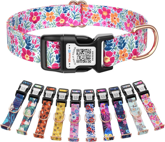 Cute Adjustable Dog Collar with QR Code Buckle - Metal Clip & Cotton Webbing Comfort Fit for Mediun Pets