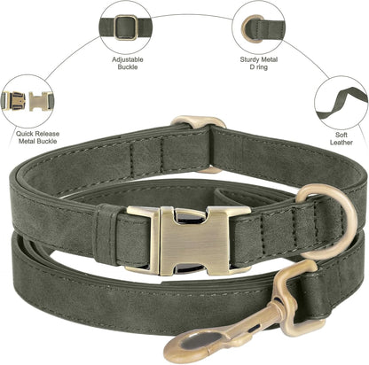 Genuine Leather Dog Collar - Adjustable Pet Collar with Quick Release Metal Buckle, Soft Skin Friendly Real Leather Collar for Small, Medium, Large Dogs (Dark Green Collar + Rope, M：Fit 12-20" Neck)