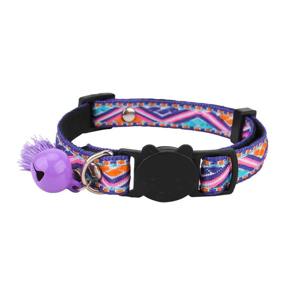 Adjustable Cat Collar Polyester Jacquard Pattern Pet Collar with Bell and Tassel Decoration for Cats and Small Dogs to Keep Lost