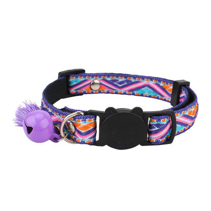 Adjustable Cat Collar Polyester Jacquard Pattern Pet Collar with Bell and Tassel Decoration for Cats and Small Dogs to Keep Lost