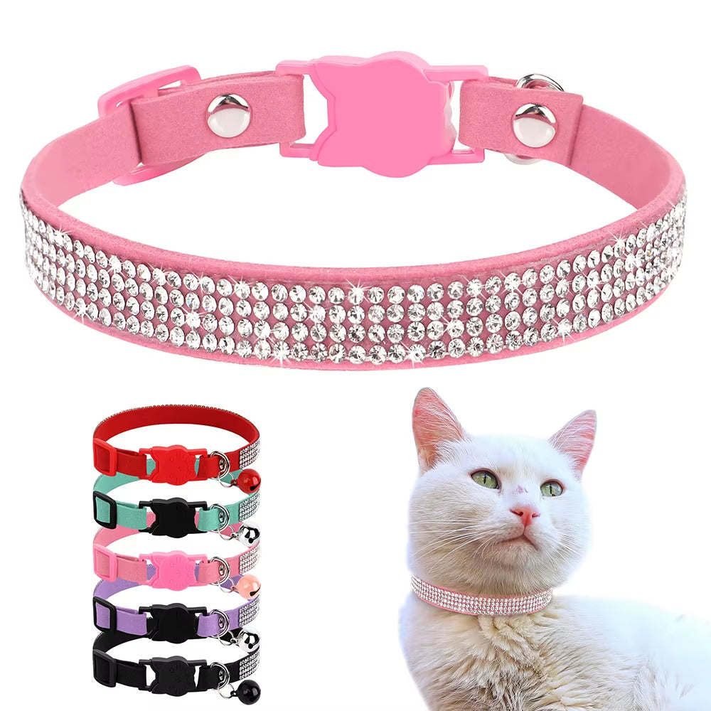 Soft Pink Suede Leather Cat Collar - Cute Bling Rhinestone Design, with Bell & Safety Breakaway Buckle, Adjustable XS/S Sizes