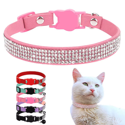 Soft Pink Suede Leather Cat Collar - Cute Bling Rhinestone Design, with Bell & Safety Breakaway Buckle, Adjustable XS/S Sizes