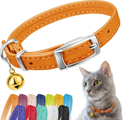 Leather Cat Collar with Removable Bell – Safety Elastic Strap (Breakaway Alternative) – Kitten Collar for Small & Big Boy & Girl Cats