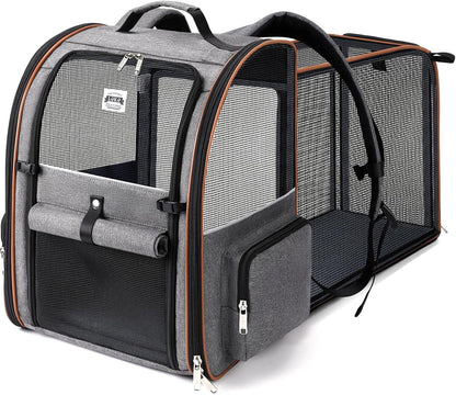 Cat Carrier Backpack, Expandable Pet Carrier with Sun Shade & Full Front Opening, Breathable Mesh Backpack for Small Dogs & Medium Cats up to 18 Lbs, Foldable for Hiking, Camping (Grey)