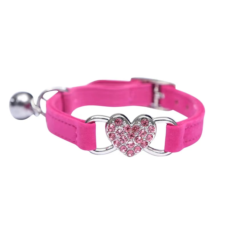 Heart Shaped Cat Collar with Bell Safety Elastic Adjustable Collar Soft Velvet Cat Crystal Collar for Kitten Puppy Pet Supplies