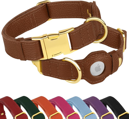 Leather Airtag Dog Collar - Soft Tracking Dog Collar with Apple Airtag Holder and Metal Buckle - Safety GPS Pet Collars for Small Medium Large Dogs Puppy Pink Red (Purple, XS, 9"-12" Neck Fit)