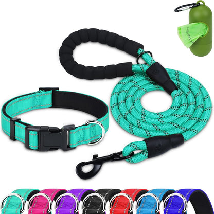 Reflective Dog Collar and Leash Set, 6FT Strong Climbing Rope Leash with Padded Handle, Adjustable Pet Collar with Soft Neoprene Padding for Large Dogs, Teal, L
