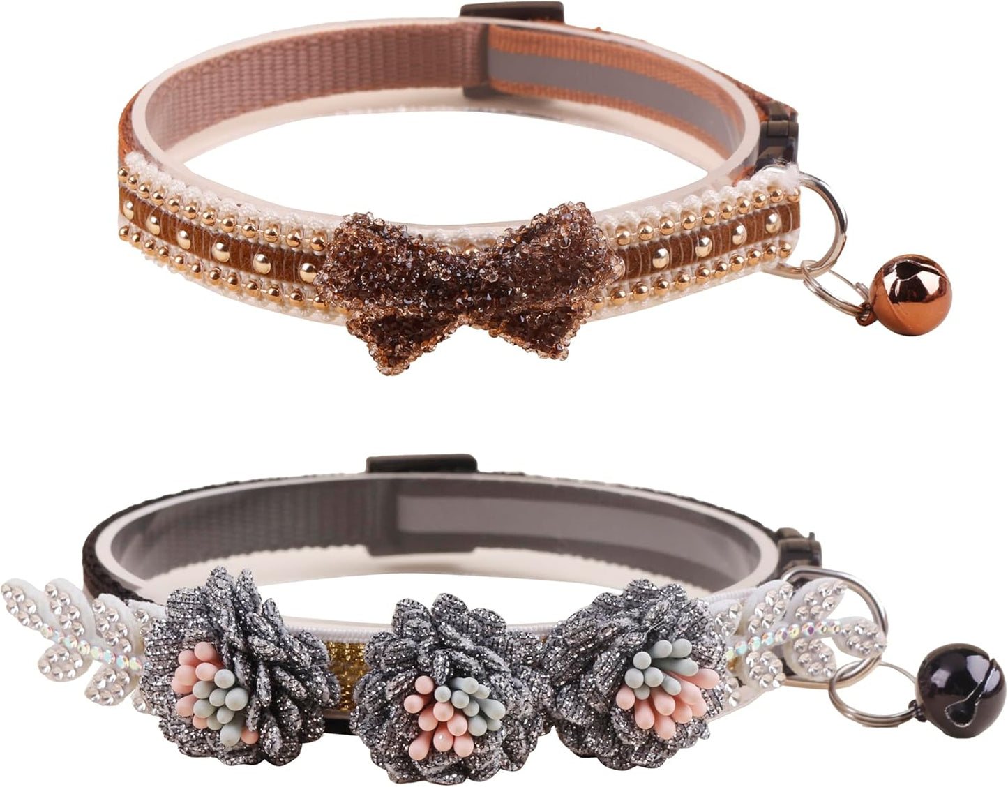 2 Pack Cat Collar Pink Floral with Bell and Removable Flower Bowtie Breakaway Adjustable Cat Collar for Girl Kitten Puppy Small Cats Dogs Daily Decoration (XQ8-3)