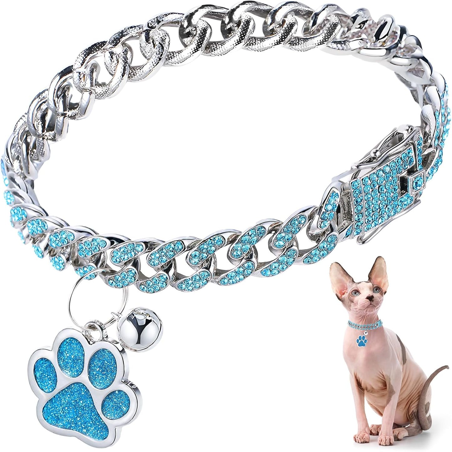 Cat Collar Diamond Chain Glitter Collar Walking Metal with Secure Buckle Cat Pet Necklace with Paw Charm and ID Tag Bell Link Cuban Jewelry Accessories Gift(8 Inch,Rose Gold, Pink)