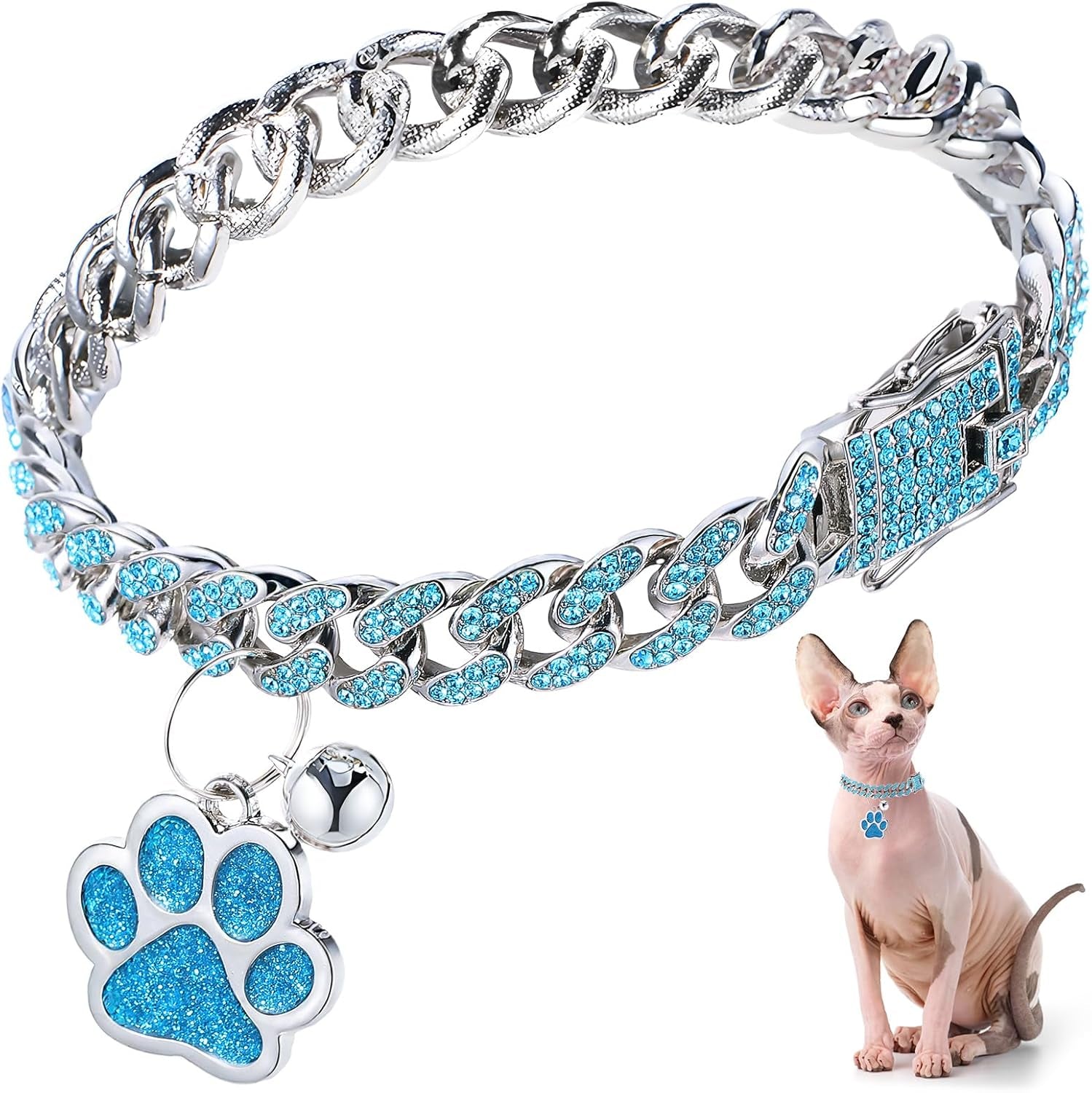 Cat Collar Diamond Chain Glitter Collar Walking Metal with Secure Buckle Cat Pet Necklace with Paw Charm and ID Tag Bell Link Cuban Jewelry Accessories Gift(8 Inch,Rose Gold, Pink)