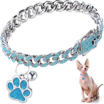 Cat Collar Diamond Chain Glitter Collar Walking Metal with Secure Buckle Cat Pet Necklace with Paw Charm and ID Tag Bell Link Cuban Jewelry Accessories Gift(8 Inch,Rose Gold, Pink)