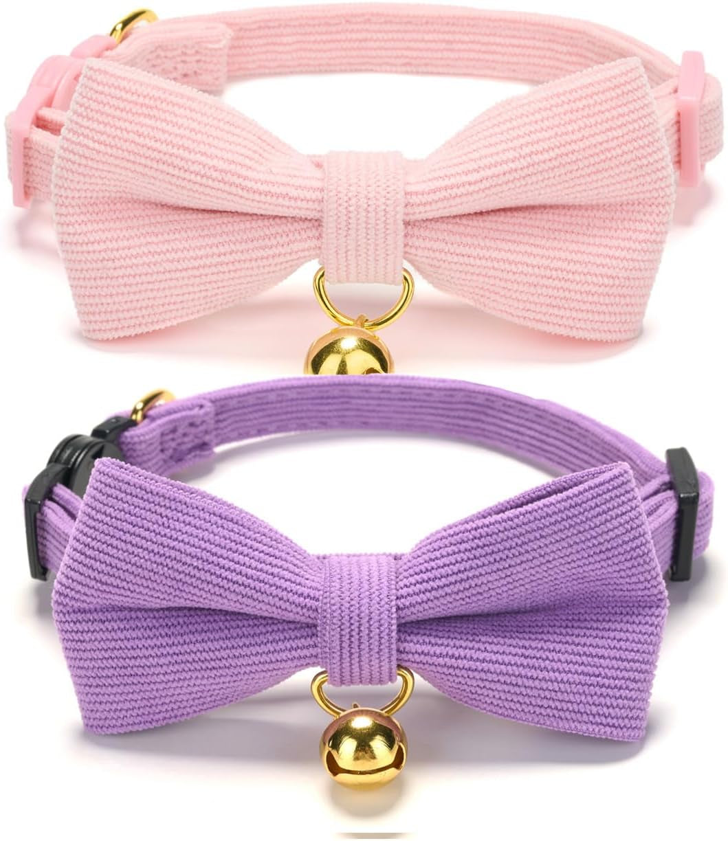 2 Pack Soft Corduroy Cat Collars with Bow Tie & Bell, Adjustable Breakaway Cotton Kitty Bowtie Collar for Girl Boy Kitten (Orange & Green)