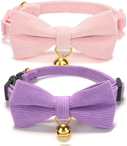 2 Pack Soft Corduroy Cat Collars with Bow Tie & Bell, Adjustable Breakaway Cotton Kitty Bowtie Collar for Girl Boy Kitten (Orange & Green)