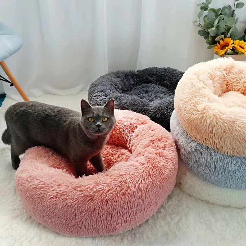 Round Cat Beds House Soft Long Plush Bed for Dogs Basket Pet Products Cushion Cat Bed Cat Mat Sleeping Sofa, Suitable for Winter