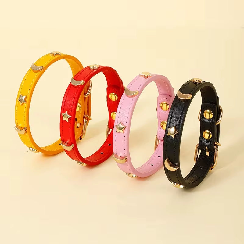 Cute Cat Collar Soft Leather Pet Collars for Small Dog Kitten Puppy Necklace Cats Accessories Star Moon Rivets Decoration XS-M