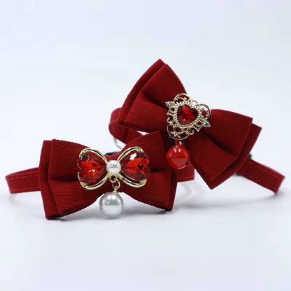 Red Bow Adjustable Cat Collar, Flower Heart Pendant Pet Collar, Gorgeous Retro Cat Collar,Christmas Wedding Pet Accessories