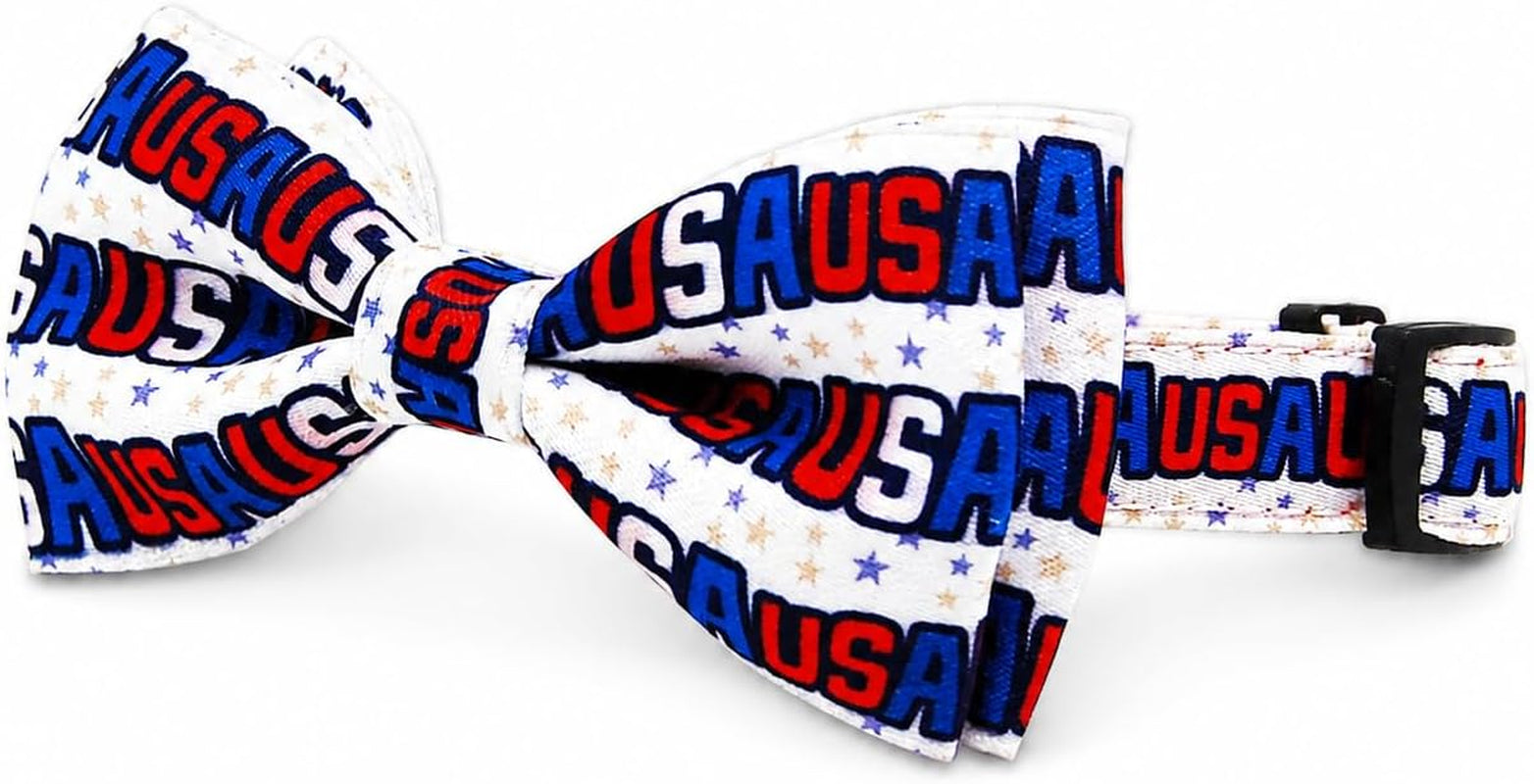 Patriotic 4th of July Dog Collar with Removable Bow Tie - Adjustable Red, White & Blue USA Stars for All Dog Sizes