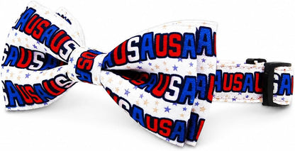 Patriotic 4th of July Dog Collar with Removable Bow Tie - Adjustable Red, White & Blue USA Stars for All Dog Sizes