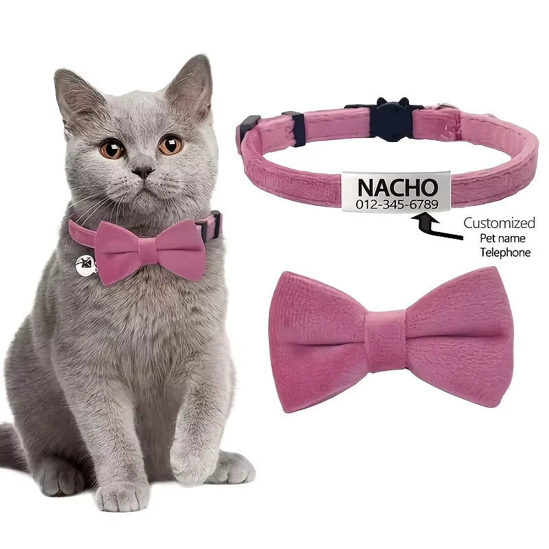Customizable Polyester Cat Bow Tie Collar Soft Adjustable Engraved ID Name Tag Detachable Bow Bell