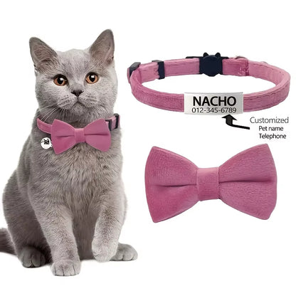 Customizable Polyester Cat Bow Tie Collar Soft Adjustable Engraved ID Name Tag Detachable Bow Bell